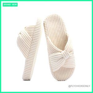 Memory Foam Corduroy Slippers with Bow Crossbands, Comfy House Shoes